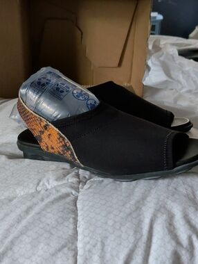 Arche Black Slide Sandals with Brown Snake-Print Accent